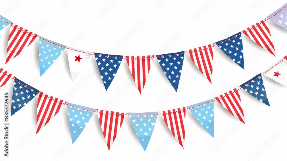 Bright and colorful American flag bunting in a flat design, symbolizing national pride and freedom, on a stark white background Bright and colorful American flag bunting in a flat design, symbolizing national pride and freedom, on a stark white background