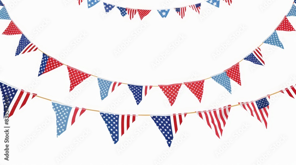 Obraz premium Bright and colorful American flag bunting in a flat design, symbolizing national pride and freedom, on a stark white background