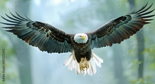 American bald eagle soaring with outstretched wings and intense gaze over forest. Concept Wildlife Photography, American Bald Eagle, Soaring, Nature, Intense Gaze