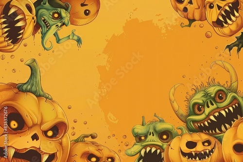 Heads of different Halloween monsters on a plain orange background. Postcard, illustration for the autumn holiday Halloween. Scary funny heroes monsters