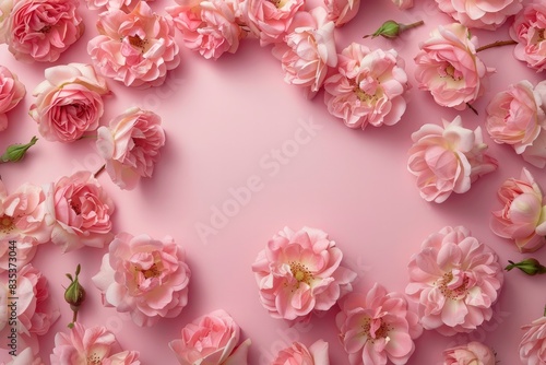 Beautiful floral background. Pink damask rose on pink background top view. Frame of delicate flowers, postcard for holiday, March 8, Mother's Day, wedding