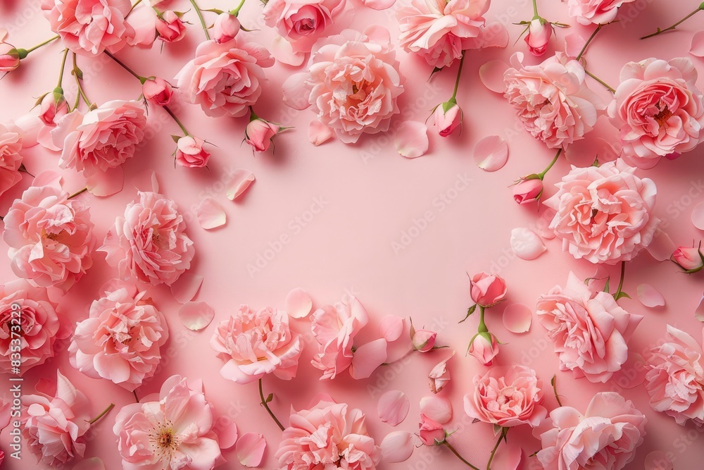Beautiful floral background. Pink damask rose on pink background top view. Frame of delicate flowers, postcard for holiday, March 8, Mother's Day, wedding Beautiful floral background. Pink damask rose on pink background top view. Frame of delicate flowers, postcard for holiday, March 8, Mother's Day, wedding