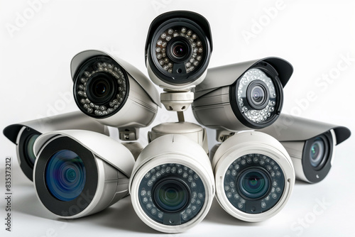cctv camera. Surveillance cameras. Set of various CCTV cameras on a textured background close-up with space for text. home security system concept © ValNik Creations