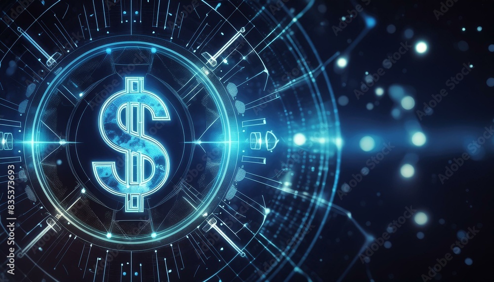 Obraz premium Dollar Sign represented in Blue Neon Light - Digital Dollar Wallpaper or Background - Dollar as Global Currency - Monetary System