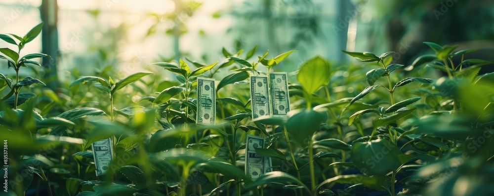 Young plants sprouting from soil with US dollar bills, symbolizing investment growth and financial concepts.