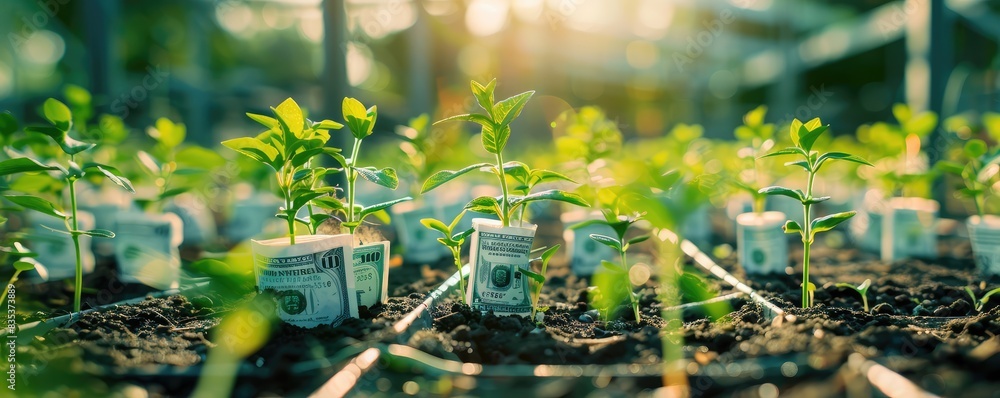 Young plants sprouting from soil with US dollar bills, symbolizing investment growth and financial concepts. Young plants sprouting from soil with US dollar bills, symbolizing investment growth and financial concepts.