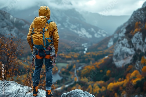 A hiker on a mountain peak, surrounded by clouds and breathtaking landscape