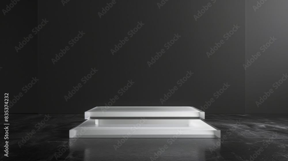 A sleek, clear glass display platform on a dark reflective surface in a dimly lit room, evoking a modern and minimalist aesthetic.