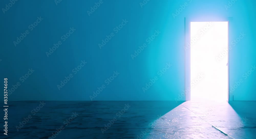 Opportunity symbolized by yellow light through open door on blue background. Concept Opportunity, Yellow Light, Open Door, Blue Background Opportunity symbolized by yellow light through open door on blue background. Concept Opportunity, Yellow Light, Open Door, Blue Background
