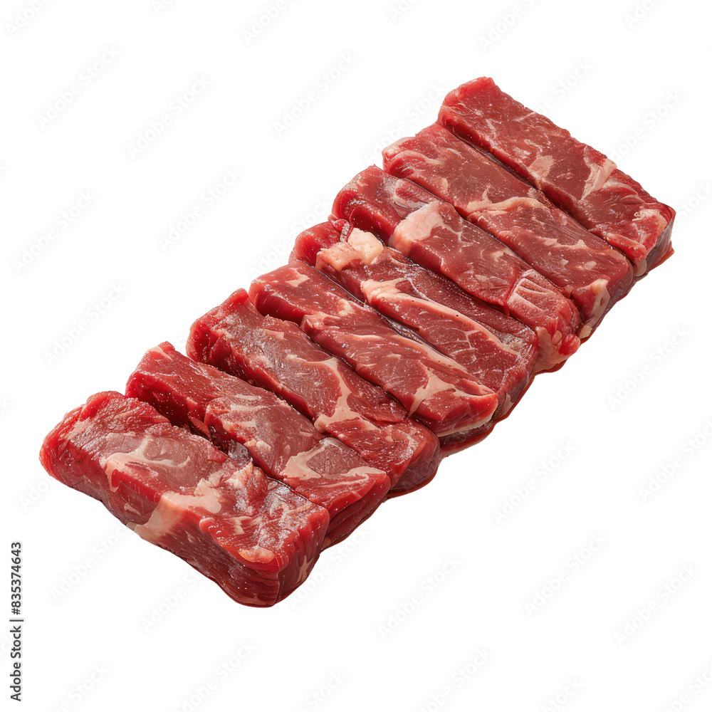 Obraz premium Fresh raw beef short ribs neatly stacked on a white background, perfect for culinary and food photography purposes. transparent backgrounds