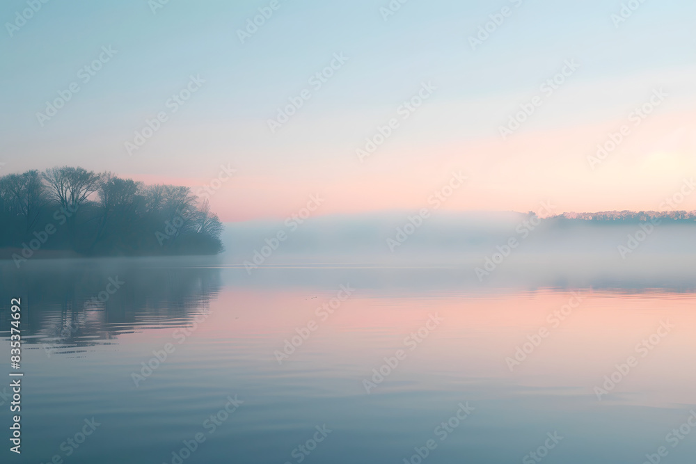 A serene sunrise over a calm lake with mist rising from the water, soft pastel colors, and a tranquil mood A serene sunrise over a calm lake with mist rising from the water, soft pastel colors, and a tranquil mood