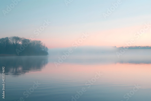 Wallpaper Mural A serene sunrise over a calm lake with mist rising from the water, soft pastel colors, and a tranquil mood Torontodigital.ca