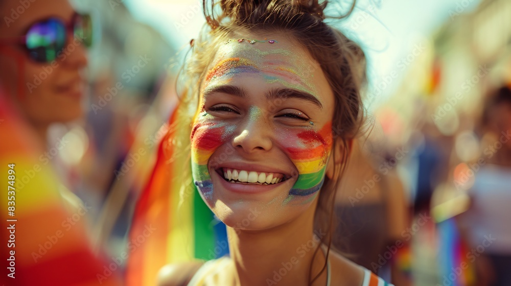 Obraz premium Portrait of a young person with a painted rainbow face, beaming with pride, surrounded by a lively parade atmosphere and waving flags