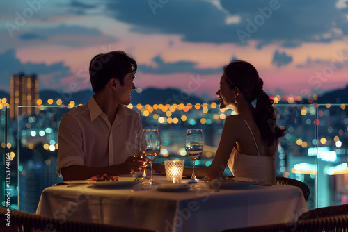 A young couple enjoying a romantic dinner on a rooftop with city lights in the background, intimate and warm ambiance, elegant setting