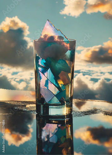 A glass of ice sits on a table with a purple background, Glass of water on blue background, Neofuturistic style cocktail drink with smoke


 photo