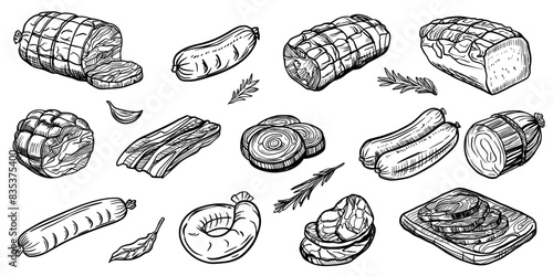 Sketch of meat products. Hand-drawn beef, lamb and pork steak extra or medium rare. Grilled sausages