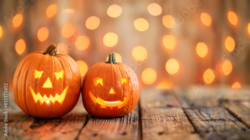 Halloween pumpkins with smiling faces carved in the style of wooden table against a blurred lights bokeh background