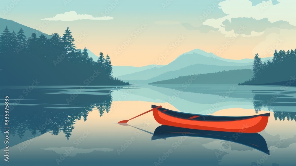 lonely canoeing adventure in summer with orange boat on the lake vector illustration lonely canoeing adventure in summer with orange boat on the lake vector illustration