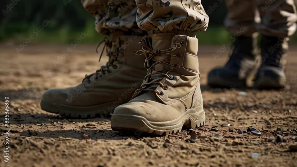 Close-up of Military Boots on Dusty Ground Close-up of Military Boots on Dusty Ground