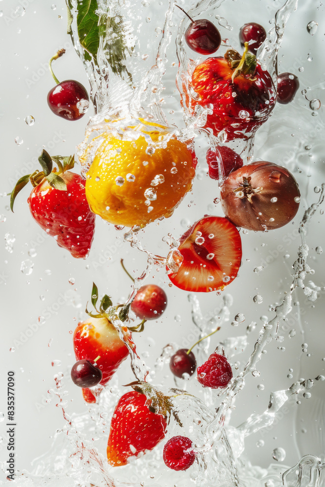 Assorted fruits of orange, berries, grapefruit, lemon, strawberry falling into clear water, vertical
Assorted fruits of orange, berries, grapefruit, lemon, strawberry falling into clear water, vertical