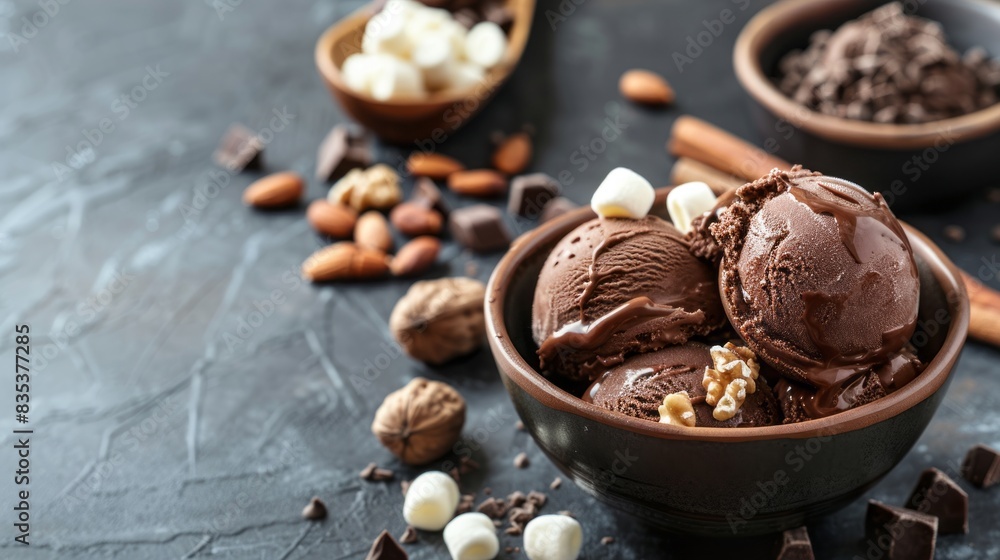 choco ice cream, marsmallow, and nuts. front view. copy space. national rocky road day choco ice cream, marsmallow, and nuts. front view. copy space. national rocky road day