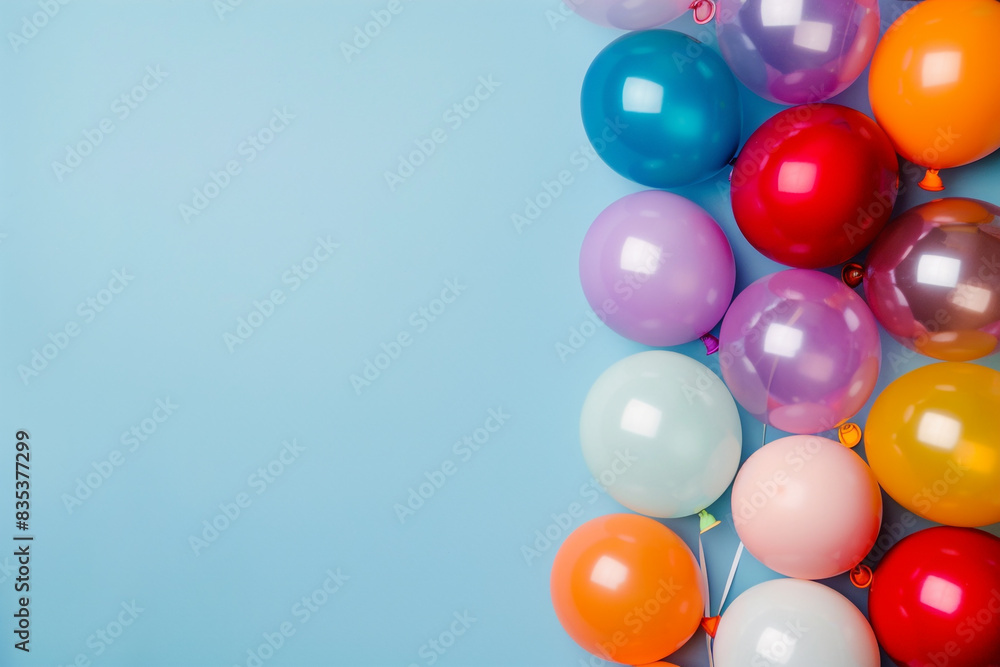 Cheerful balloons in various colors on the top right corner against a blue background, providing lots of copy space, flat lay Cheerful balloons in various colors on the top right corner against a blue background, providing lots of copy space, flat lay