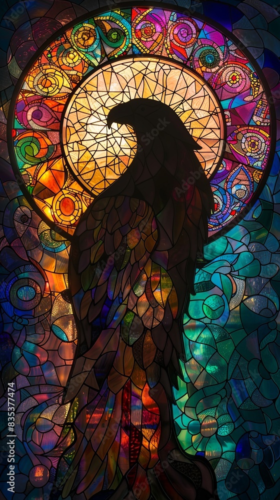 Obraz premium A colorful stained glass eagle is perched on a sun
