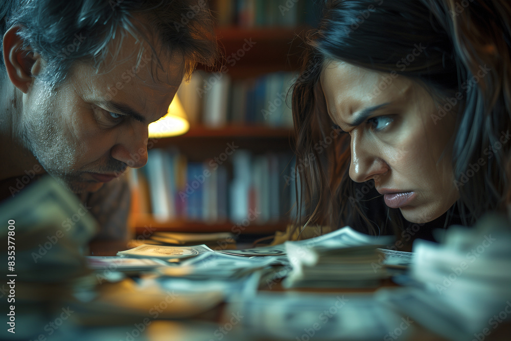 Fototapeta premium Man and Woman Looking at Money