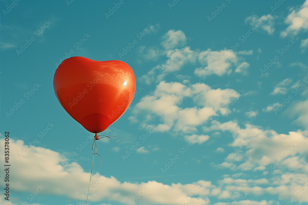 Fototapeta premium Red Heart Shaped Balloon Flying in the Sky
