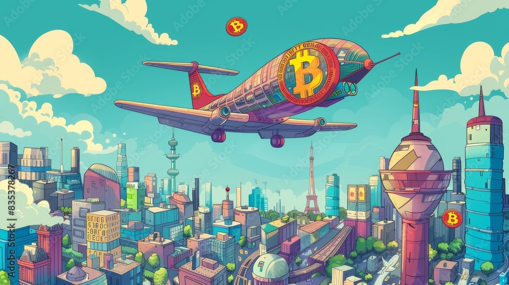 Naklejka premium A colorful illustration of a city with a Bitcoin-themed airplane flying overhead.