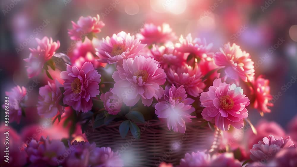 Wicker basket with flowers in the sunlight Wicker basket with flowers in the sunlight