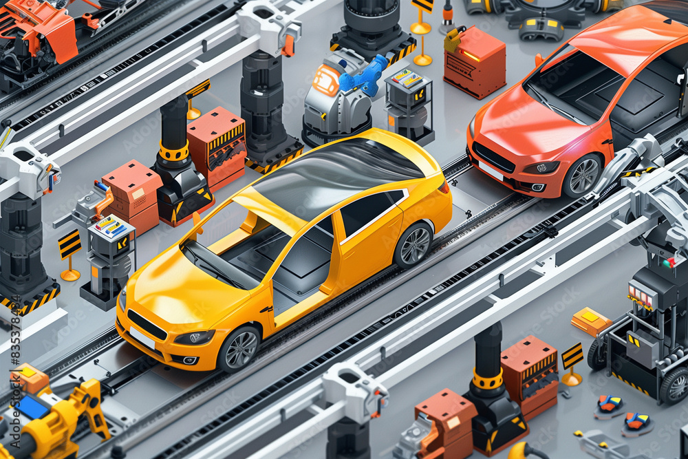 Fototapeta premium Car Being Assembled on Conveyor Belt