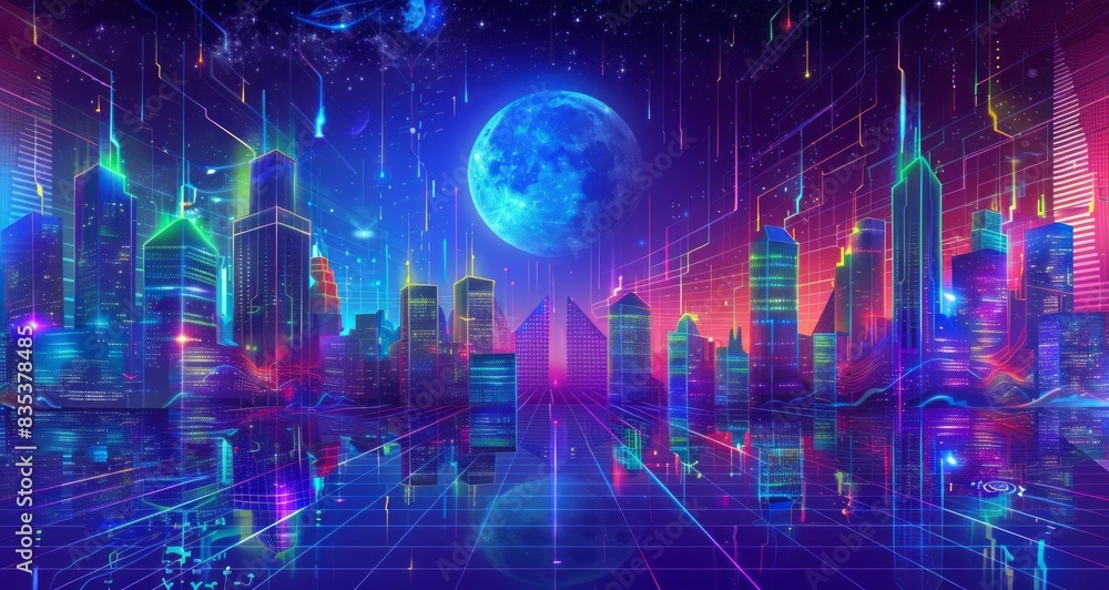 A neon cityscape with glowing lines and holographic buildings, set against an endless grid of digital landscapes. The background features futuristic skyscrapers under the glow of stars or moons, creat A neon cityscape with glowing lines and holographic buildings, set against an endless grid of digital landscapes. The background features futuristic skyscrapers under the glow of stars or moons, creat