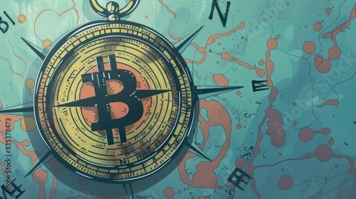A golden Bitcoin compass on a blue background.