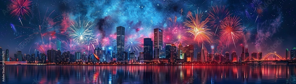 Fireworks bursting over a cityscape, reflecting on a river, Pop Art, Vibrant Colors, Digital, showcasing urban July 4th celebrations 8K , high-resolution, ultra HD,up32K HD Fireworks bursting over a cityscape, reflecting on a river, Pop Art, Vibrant Colors, Digital, showcasing urban July 4th celebrations 8K , high-resolution, ultra HD,up32K HD