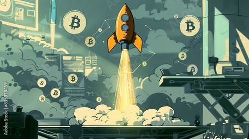The rocket flies up among the skyscrapers. The rocket is painted with bitcoin symbols. photo