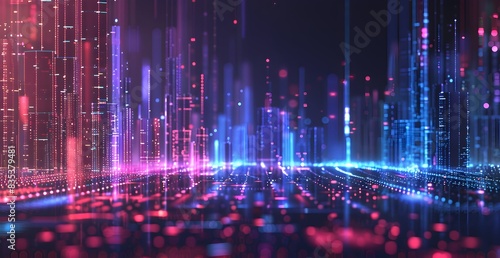Abstract background with lines and glowing dots in blue  purple and red colors on a dark black backdrop 