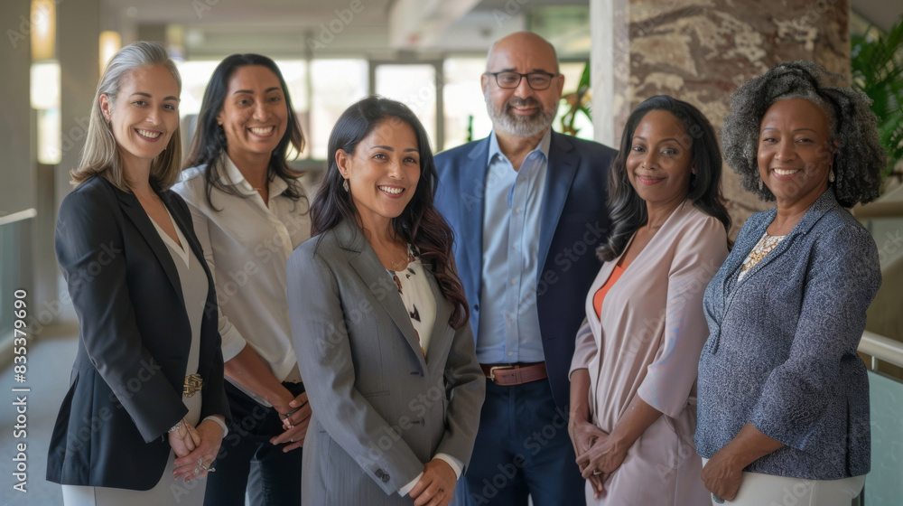 Obraz premium Confident, diverse group of professionals smiling in a modern office setting