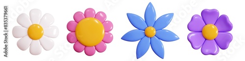 Cute plastic 3d flowers top view with colorful pastel petals. Render illustration set of spring or summer abstract plasticine bubble bloom. Season puffy soft blossom floral design elements.