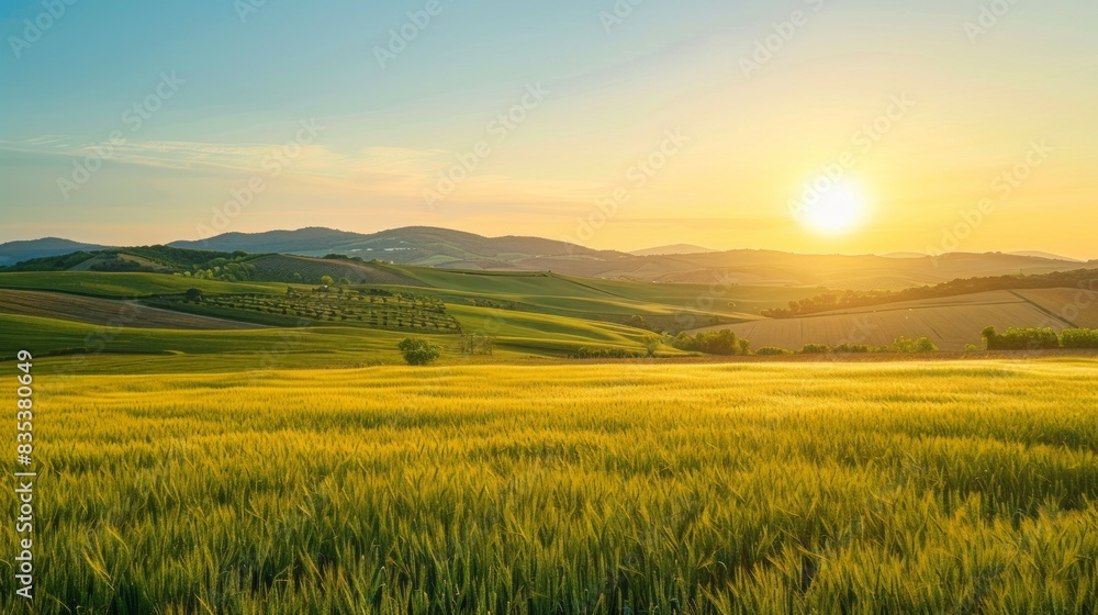 Field with hills and setting sun Field with hills and setting sun