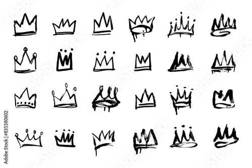 Graffiti grunge paint crown icon isolated on white background. Black graffiti crown drip sign set