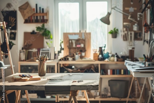 Bright and airy art studio filled with various creative tools and projects on workbenches  inspiring a productive crafting environment.