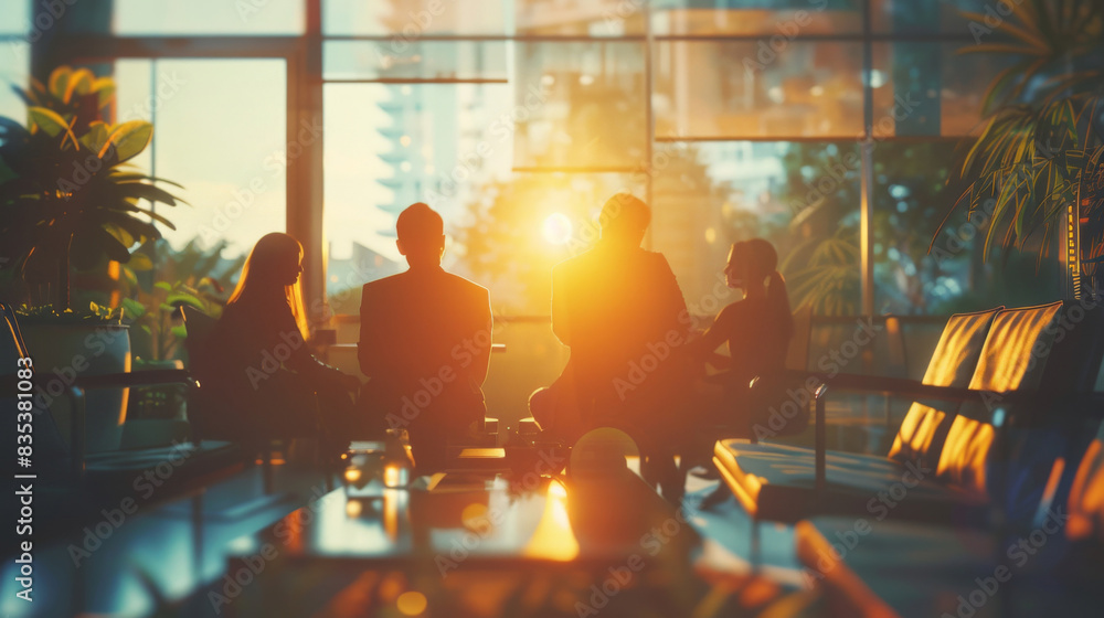 Silhouettes of professionals in a meeting with city backdrop during golden hour Silhouettes of professionals in a meeting with city backdrop during golden hour