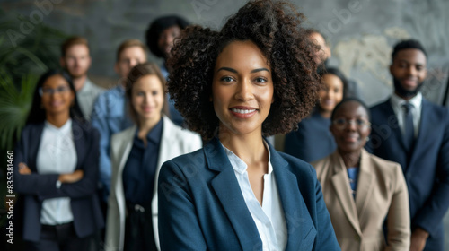 Confident young professional leading a diverse team with poise