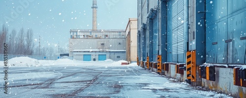 snowy scene at a warehouse loading dock with snowflakes gently falling, conveying cold and commerce.