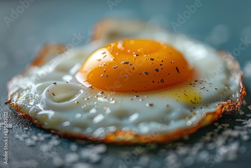 A close-up of a perfectly cooked sunny-side-up egg, with the yolk forming a bright, circular sun on a blue background,