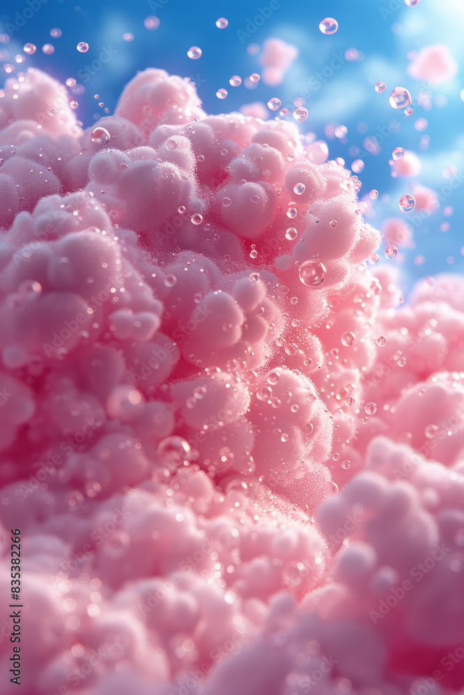 Fototapeta premium Cotton candy shaped like fluffy clouds, with tiny candy raindrops falling from them,