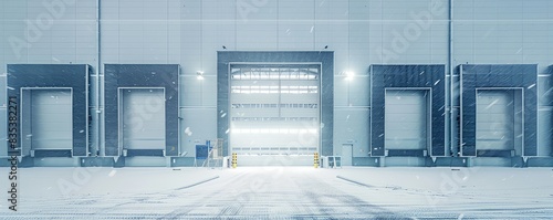 snowy scene at a warehouse loading dock with snowflakes gently falling, conveying cold and commerce.