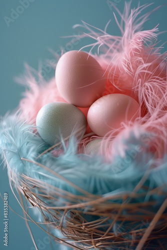 A cotton candy nest with pastel-colored eggs inside, set against a simple background,