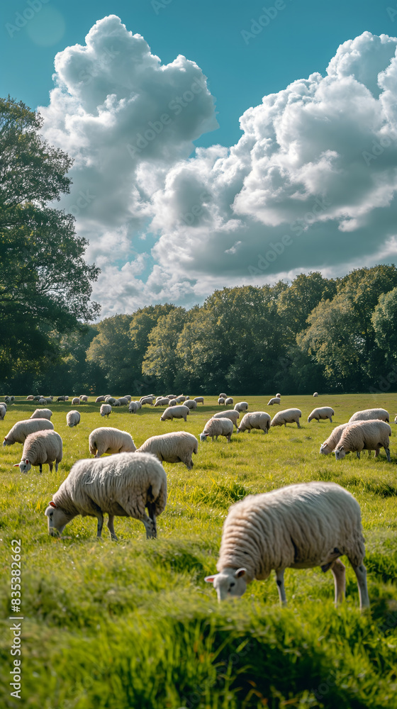 Fototapeta premium Peaceful Flock of Sheep Grazing in Sunlit Pasture